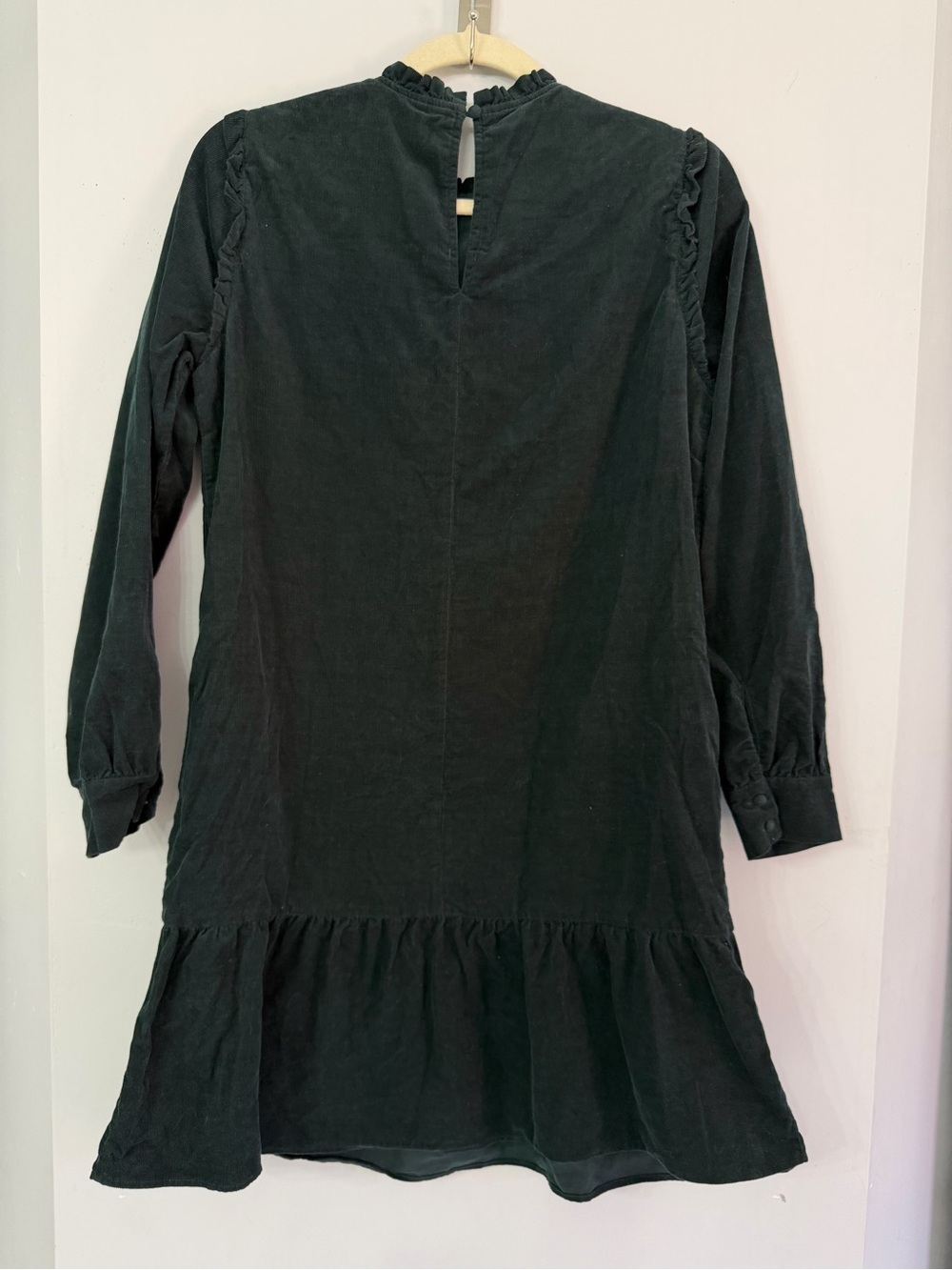 Oliver Bonas Women’s 6 Forest Green Micro Corduroy Bib Long Sleeve Lined Dress - Picture 4 of 9